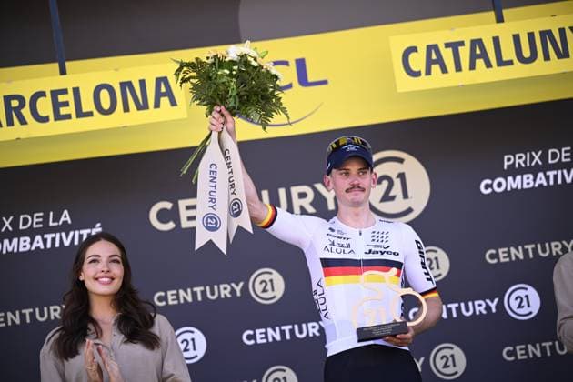 Tour de France 2026 Stage 2 BARCELONA, SPAIN - JULY 05 : Engelhardt Felix (GER) of Team Jayco AlUla on the podium most combative rider of the day during stage 2 of the 113rd edition of Tour de France an UCI World Tour 2.UWT cycling road race stage for Men Elite of 182 km with start in Tarragona and finish in Barcelona on July 5, 2026 in Barcelona, Spain, 05 07 2026 Barcelona Spain  Copyright: xTomasxSiskx