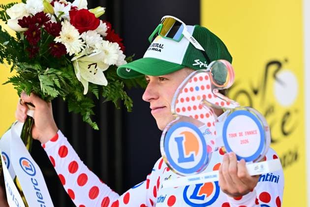 Tour de France 2026 Stage 2 BARCELONA, SPAIN - JULY 05 : Molenaar Alex (NED) of Caja Rural Seguros RGA on the podium wearing the polka dot jersey during stage 2 of the 113rd edition of Tour de France an UCI World Tour 2.UWT cycling road race stage for Men Elite of 182 km with start in Tarragona and finish in Barcelona on July 5, 2026 in Barcelona, Spain, 05 07 2026 ( Motordriver Kurt Vandenborre - Barcelona Spain  Copyright: xPeterxDexVoechtx