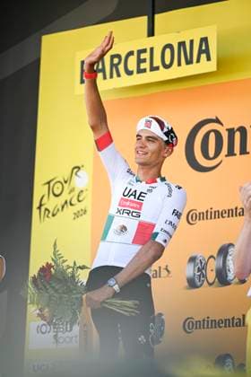 Tour de France 2026 Stage 2 BARCELONA, SPAIN - JULY 05 : Del Toro Isaac (MEX) of UAE Team Emirates XRG on the podium during stage 2 of the 113rd edition of Tour de France an UCI World Tour 2.UWT cycling road race stage for Men Elite of 182 km with start in Tarragona and finish in Barcelona on July 5, 2026 in Barcelona, Spain, 05 07 2026 ( Motordriver Kurt Vandenborre - Barcelona Spain  Copyright: xSzymonxGruchalskix