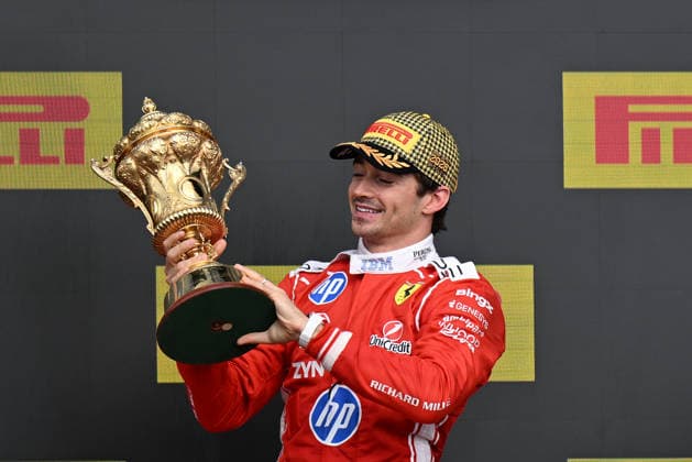 RECORD DATE NOT STATED 5th July 2026; Silverstone Circuit, Northamptonshire, England; FIA Formula 1 2026 British F1 Grand Prix; Race Day; Charles Leclerc of Ferrari holds The Royal Automobile Club Trophy SimonxWest