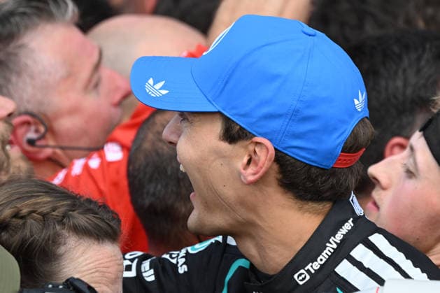 RECORD DATE NOT STATED 5th July 2026; Silverstone Circuit, Northamptonshire, England; FIA Formula 1 2026 British F1 Grand Prix; Race Day; George Russell of Mercedes celebrates with their team SimonxWest