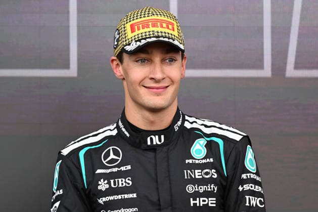 RECORD DATE NOT STATED 5th July 2026; Silverstone Circuit, Northamptonshire, England; FIA Formula 1 2026 British F1 Grand Prix; Race Day; George Russell of Mercedes on the podium after finishing second in the British Grand Prix SimonxWest