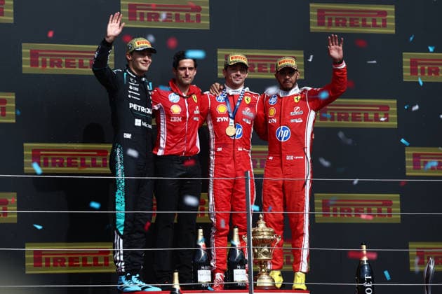 F1 British Grand Prix 2026 George Russell of Mercedes, Charles Leclerc and Lewis Hamilton of Ferrari after the Formula 1 British Grand Prix at Silverstone Circuit in Northampton, Great Britain on July 5, 2026. Northampton United Kingdom  Copyright: xJakubxPorzyckix originalFilename:porzycki-f1britis260705_npLpC.jpg