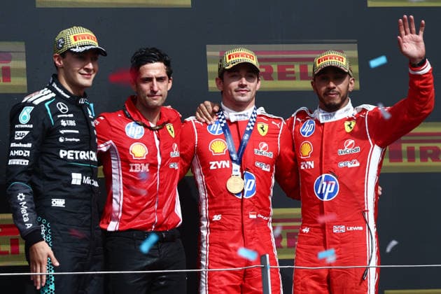 F1 British Grand Prix 2026 George Russell of Mercedes, Charles Leclerc and Lewis Hamilton of Ferrari after the Formula 1 British Grand Prix at Silverstone Circuit in Northampton, Great Britain on July 5, 2026. Northampton United Kingdom  Copyright: xJakubxPorzyckix originalFilename:porzycki-f1britis260705_npFmn.jpg