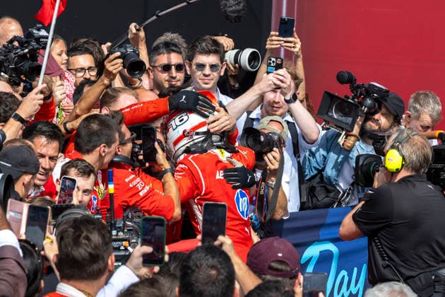RECORD DATE NOT STATED 5th July 2026; Silverstone Circuit, Northamptonshire, England; FIA Formula 1 2026 British F1 Grand Prix; Race Day; Winner Scuderia Ferrari HP driver Charles Leclerc celebrates with his team TimxWilliams