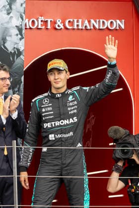 RECORD DATE NOT STATED 5th July 2026; Silverstone Circuit, Northamptonshire, England; FIA Formula 1 2026 British F1 Grand Prix; Race Day; Second place driver Mercedes-AMG Petronas F1 George Russell TimxWilliams
