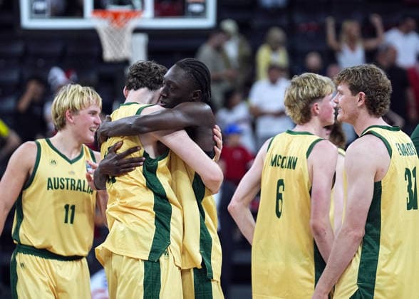 Turkiye v Australia - FIBA U17, U 17 Basketball World Cup ISTANBUL, TURKIYE - JULY 5: Players of Australia celebrate after victory at the FIBA Under-17 Basketball World Cup third-place game between Turkiye and Australia at the Basketball Development Center in Istanbul, Turkiye, on July 5, 2026. Esra Bilgin Anadolu Istanbul Turkey. Editorial use only. Please get in touch for any other usage.  Copyright: x2026xAnadoluxEsraxBilginx