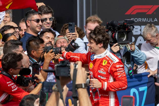 RECORD DATE NOT STATED 5th July 2026; Silverstone Circuit, Northamptonshire, England; FIA Formula 1 2026 British F1 Grand Prix; Race Day; Winner Scuderia Ferrari HP driver Charles Leclerc celebrates with his team TimxWilliams