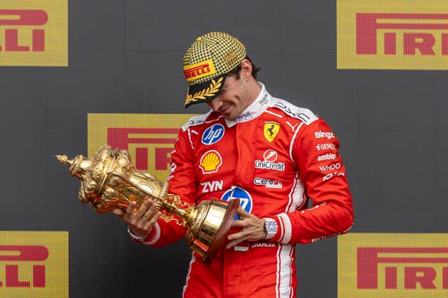 RECORD DATE NOT STATED 5th July 2026; Silverstone Circuit, Northamptonshire, England; FIA Formula 1 2026 British F1 Grand Prix; Race Day; Race winner Scuderia Ferrari HP driver Charles Leclerc looks at his trophy TimxWilliams