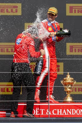 RECORD DATE NOT STATED 5th July 2026; Silverstone Circuit, Northamptonshire, England; FIA Formula 1 2026 British F1 Grand Prix; Race Day; Scuderia Ferrari HP driver Charles Leclerc sprays his race engineer with champagne TimxWilliams