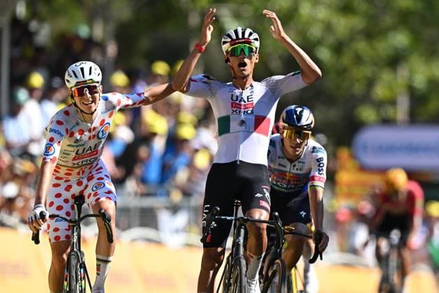Slovenian Tadej Pogacar of UAE Team Emirates-XRG, Mexican Isaac Del Toro of UAE Team Emirates-XRG and pictured as they cross the finish line of the second stage of the 2026 Tour de France cycling race, a stage of 182km from Tarragona to Barcelona, Sunday 05 July 2026. The 113th edition of the Tour de France starts on Saturday 4 July in Barcelona, Spain, and will finish in Paris, France on the 26th of July. DAVIDxPINTENS  x180441920x
