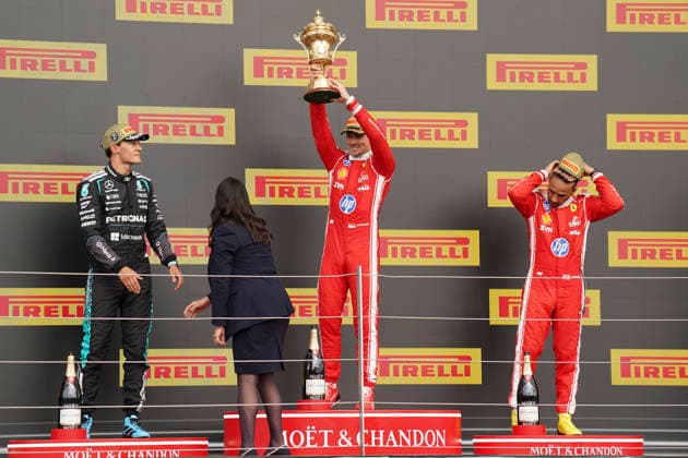 FORMULA ONE BRITISH GRAND PRIX 2026 Charles Leclerc 16 (MON) Ferrari celebrates on the podium with George Russell 63 (GBR) Mercedes and Lewis Hamilton 44 (GBR) Ferrari during the Formula 1 Pirelli British Grand Prix 2026, 9th round of the 2026 Formula 1 World Championship, WM, Weltmeisterschaft from 3rd - 5th July, 2026 at the Silverstone Circuit, Silverstone, England. Credit: Robbie Hoad Every Second Media Editorial use only. All images are copyright Every Second Media Limited. No images may be reproduced without prior permission. Copyright: xIMAGO EveryxSecondxMediax ESM-2060-0800 RobbiexHoadx xEveryxSecondxMediax