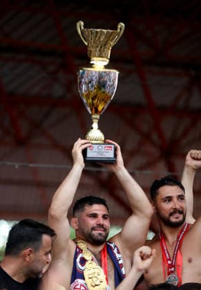 Erkan Tas wins chief wrestler title at 665th Historic Kirkpinar Oil Wrestling Festival EDIRNE, TURKIYE - JULY 5: Champion Erkan Tas hold his trophy during the award ceremony of the 665th Traditional Kirkpinar Oil Wrestling Tournament in Edirne, Turkiye on July 5, 2026. Ozgun Tiran Anadolu Edirne Turkey. Editorial use only. Please get in touch for any other usage.  Copyright: x2026xAnadoluxOzgunxTiranx
