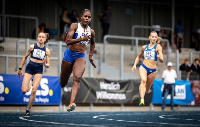 Deutsche Meisterschaften U23 U18; Bochum-Wattenscheid, 05.07.2026 Judith Bilepo Mokobe (USC Mainz) wird Deutsche Meisterin der Juniorinnen U23 im 200m-Sprint, das Foto zeigt sie im Vorlauf; Deutsche Meisterschaften U23 U18 am 05.07.2026 im Lohrheidestadion in Bochum-Wattenscheid (Nordrhein-Westfalen). *** German U23 and U18 Championships, Bochum-Wattenscheid, July 5, 2026: Judith Bilepo Mokobe of USC Mainz becomes the German U23 junior women’s champion in the 200-meter sprint; the photo shows her in the preliminary round of the German U23 and U18 Championships on July 5, 2026, at the Lohrheidestadion in Bochum-Wattenscheid, North Rhine-Westphalia Copyright: xBEAUTIFULxSPORTS R.xSchmittx