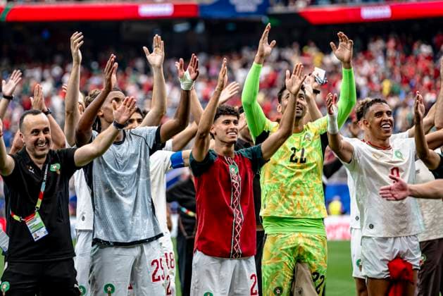 HOUSTON - Redouane Halhal of Morocco, Neil El Aynaoui of Morocco, goalkeeper Ahmed Reda Tagnaouti of Morocco, and Soufiane Rahimi of Morocco celebrate the victory during the 2026 World Cup match between Canada and Morocco at Houston Stadium on July 4, 2026, in Houston, United States. (Photo by Stefan Koops EYE4IMAGES DeFodi Images) - *** HOUSTON Redouane Halhal of Morocco, Neil El Aynaoui of Morocco, goalkeeper Ahmed Reda Tagnaouti of Morocco, and Soufiane Rahimi of Morocco celebrate the victory during the 2026 World Cup match between Canada and Morocco at Houston Stadium on July 4, 2026, in Houston, United States. Photo by Stefan Koops, EYE4IMAGES, DeFodi Images