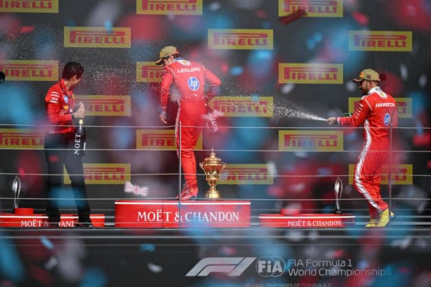 RECORD DATE NOT STATED 5th July 2026; Silverstone Circuit, Northamptonshire, England; FIA Formula 1 2026 British F1 Grand Prix; Race Day; Lewis Hamilton of Ferrari, Bryan Bozzi and Charles Leclerc of Ferrari spray champagne SimonxWest