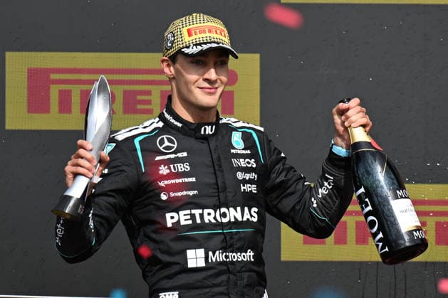 RECORD DATE NOT STATED 5th July 2026; Silverstone Circuit, Northamptonshire, England; FIA Formula 1 2026 British F1 Grand Prix; Race Day; George Russell of Mercedes with his second place trophy SimonxWest