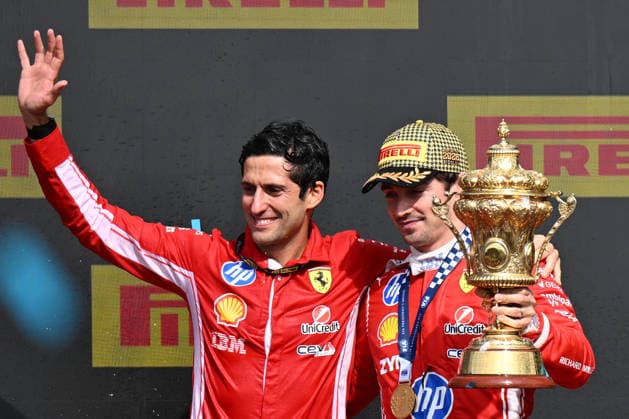 RECORD DATE NOT STATED 5th July 2026; Silverstone Circuit, Northamptonshire, England; FIA Formula 1 2026 British F1 Grand Prix; Race Day; Bryan Bozzi and Charles Leclerc of Ferrari with The Royal Automobile Club Trophy SimonxWest