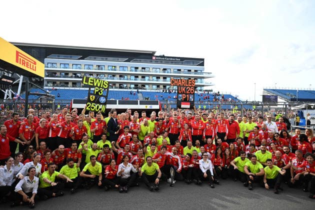 RECORD DATE NOT STATED 5th July 2026; Silverstone Circuit, Northamptonshire, England; FIA Formula 1 2026 British F1 Grand Prix; Race Day; Ferrari team photo after winning first and third place in the British Grand Prix SimonxWest