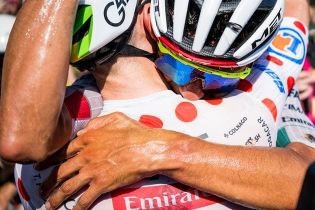 Slovenian Tadej Pogacar of UAE Team Emirates XRG and Mexican Isaac Del Toro of UAE Team Emirates XRG celebrate after winning the second stage of the 2026 Tour de France cycling race, a stage of 182km from Tarragona to Barcelona, Sunday 05 July 2026. The 113th edition of the Tour de France starts on Saturday 4 July in Barcelona, Spain, and will finish in Paris, France on the 26th of July. JASPERxJACOBS  x180443513x