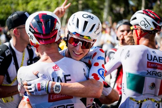 Slovenian Tadej Pogacar of UAE Team Emirates XRG and Mexican Isaac Del Toro of UAE Team Emirates XRG celebrate after winning the second stage of the 2026 Tour de France cycling race, a stage of 182km from Tarragona to Barcelona, Sunday 05 July 2026. The 113th edition of the Tour de France starts on Saturday 4 July in Barcelona, Spain, and will finish in Paris, France on the 26th of July. JASPERxJACOBS  x180443551x