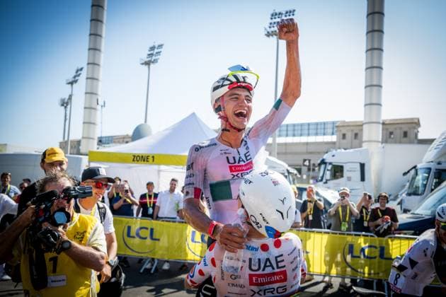 Slovenian Tadej Pogacar of UAE Team Emirates XRG and Mexican Isaac Del Toro of UAE Team Emirates XRG celebrate after winning the second stage of the 2026 Tour de France cycling race, a stage of 182km from Tarragona to Barcelona, Sunday 05 July 2026. The 113th edition of the Tour de France starts on Saturday 4 July in Barcelona, Spain, and will finish in Paris, France on the 26th of July. JASPERxJACOBS  x180443555x