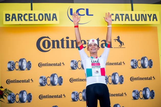 Mexican Isaac Del Toro of UAE Team Emirates XRG celebrates on the podium after the second stage of the 2026 Tour de France cycling race, a stage of 182km from Tarragona to Barcelona, Sunday 05 July 2026. The 113th edition of the Tour de France starts on Saturday 4 July in Barcelona, Spain, and will finish in Paris, France on the 26th of July. JASPERxJACOBS  x180443557x