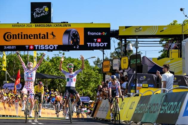 Slovenian Tadej Pogacar of UAE Team Emirates XRG, Mexican Isaac Del Toro of UAE Team Emirates XRG and Belgian Remco Evenepoel of Red Bull-BORA-hansgrohe crosses the finish line of the second stage of the 2026 Tour de France cycling race, a stage of 182km from Tarragona to Barcelona, Sunday 05 July 2026. The 113th edition of the Tour de France starts on Saturday 4 July in Barcelona, Spain, and will finish in Paris, France on the 26th of July. DAVIDxPINTENS  x180443976x