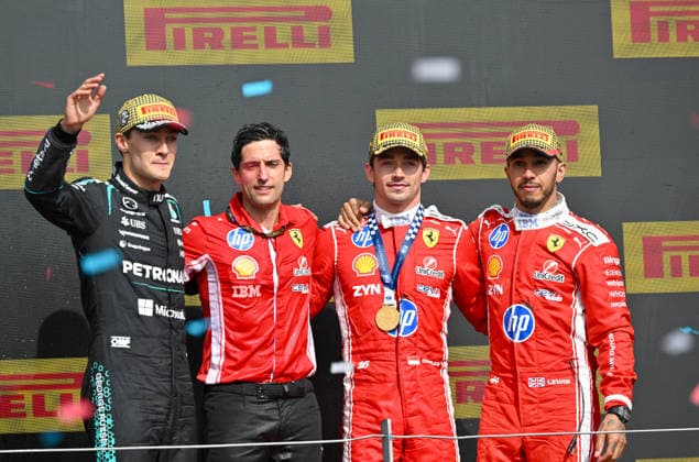 Formula 1, Podium, Silverstone, UK, 05 July, 2026. 05 July 2026. On the winners podium with 1st Charles Leclerc, Ferrari, 2nd, George Russell, Mercedes, 3rd Lewis Hamilton, Ferrari at the Formula 1 Pirelli British Grand Prix at Silverstone, Northamptonshire, UK., Credit:Lee Floyd Lee Floyd - B3214 Avalon UK, Northamptonshire, London, Silverstone  Copyright: xLeexFloydx xLeexFloydx-xB3214x xAvalonx 1114632516