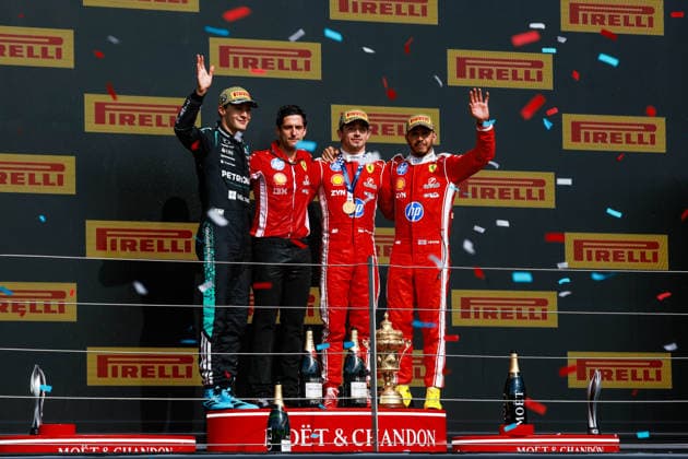 F1 - BRITISH GRAND PRIX 2026 LECLERC Charles (mco), Scuderia Ferrari SF-26, RUSSELL George (gbr), Mercedes AMG F1 Team W17, HAMILTON Lewis (gbr), Scuderia Ferrari SF-26, portrait Podium during the Formula 1 British Grand Prix 2026, 9th round of the 2026 Formula One World Championship, WM, Weltmeisterschaft from July 3 to 5, 2026 on the Silverstone Circuit, in Silverstone, United Kingdom - SilverstoneUnited Kingdom  Copyright: xFLORENTxGOODENx