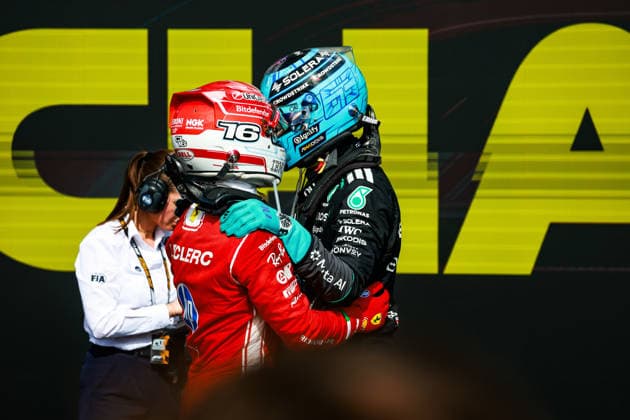 F1 - BRITISH GRAND PRIX 2026 LECLERC Charles (mco), Scuderia Ferrari SF-26, RUSSELL George (gbr), Mercedes AMG F1 Team W17, portrait during the Formula 1 British Grand Prix 2026, 9th round of the 2026 Formula One World Championship, WM, Weltmeisterschaft from July 3 to 5, 2026 on the Silverstone Circuit, in Silverstone, United Kingdom - SilverstoneUnited Kingdom  Copyright: xFLORENTxGOODENx