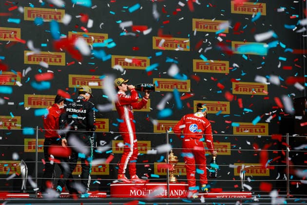 F1 - BRITISH GRAND PRIX 2026 LECLERC Charles (mco), Scuderia Ferrari SF-26, RUSSELL George (gbr), Mercedes AMG F1 Team W17, HAMILTON Lewis (gbr), Scuderia Ferrari SF-26, portrait Podium during the Formula 1 British Grand Prix 2026, 9th round of the 2026 Formula One World Championship, WM, Weltmeisterschaft from July 3 to 5, 2026 on the Silverstone Circuit, in Silverstone, United Kingdom - SilverstoneUnited Kingdom  Copyright: xFLORENTxGOODENx