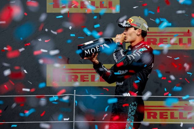 F1 - BRITISH GRAND PRIX 2026 RUSSELL George (gbr), Mercedes AMG F1 Team W17, portrait Podium celebration during the Formula 1 British Grand Prix 2026, 9th round of the 2026 Formula One World Championship, WM, Weltmeisterschaft from July 3 to 5, 2026 on the Silverstone Circuit, in Silverstone, United Kingdom - SilverstoneUnited Kingdom  Copyright: xPauloxMariax
