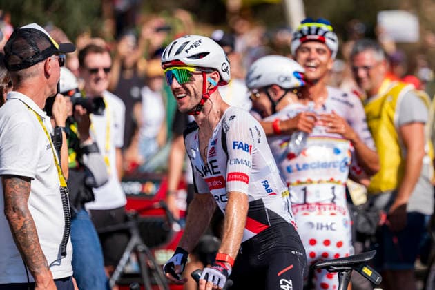 113th Tour de France 2026 - Stage 2 BARCELONA, SPAIN - JULY 5: Adam Yates of Great Britain and UAE Team Emirates - XRG reacts while behind him stage winner, Isaac Del Toro of Mexico and Tadej Pogacar of Slovenia and UAE Team Emirates - XRG - Polka dot Mountain Jersey react after the 113th Tour de France 2026, Stage 2 a 168.5km stage from Tarragona to Barcelona 109m UCIWT on July 05, 2026 in Barcelona, Spain. Barcelona Spain Copyright: xAlbertoxGardinx AGardin_20260705_Cycling_Tour de France_Stage 2__0019