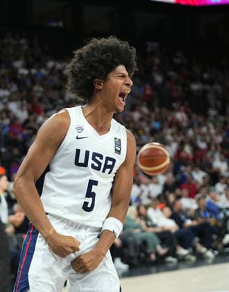 United States v Serbia - FIBA U17, U 17 Basketball World Cup ISTANBUL, TURKIYE - JULY 5: Asa Montgomery (5) of US celebrates after scoring during the FIBA Under-17 Basketball World Cup final game between US and Serbia at the Basketball Development Center in Istanbul, Turkiye, on July 5, 2026. Esra Bilgin Anadolu Istanbul Turkey. Editorial use only. Please get in touch for any other usage.  Copyright: x2026xAnadoluxEsraxBilginx