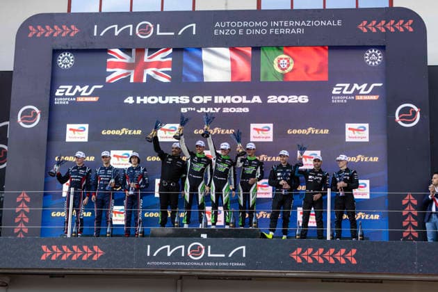 AUTOMOBILE : ELMS - 4 heures de Imola - 05 07 2026 Podium for the overall winners of the 4 Hours of Imola, the third round of the European Le Mans Series at the Circuit Enzo e Dino Ferrari, on 5 July 2026, In Imola, Italy (ITA) First : 29 Forestier Racing By Panis (FRA) Oreca 07 Gibson (LMP2) driven by Louis Rousset (FRA) Esteban Masson (FRA) Oliver Gray (GBR) Second : 22 United Autosports (GBR) Oreca 07 Gibson (LMP2) driven by Griffin Peebles (AUS) GrÃ goire Saucy (SUI) Benjamin Hanley (GBR) Third : 25 Algarve Pro Racing (POR) Oreca 07 Gibson (LMP2) driven by Matthias Kaiser (SUI) Tristan Vautier (FRA) Jake Hughes (GBR) ENZO E DINO FERRARI CIRCUITItaly  Copyright: xMPSxAGENCYx