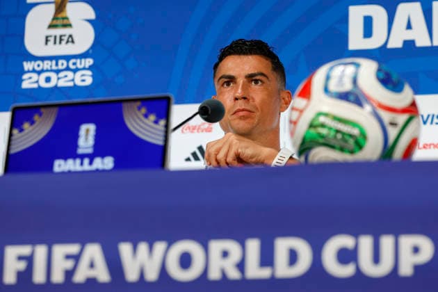 Portugal s Cristiano Ronaldo during the press conference, PK, Pressekonferenz in Dallas, USA, 5 July 2026. Portugal will face Spain in the Round of 16 match at the 2026 FIFA World Cup, WM, Weltmeisterschaft, Fussball on 6 July 2026. Portugal press conference !ACHTUNG: NUR REDAKTIONELLE NUTZUNG!  Copyright: xMariscalx GRAF1604 20260705-55020809417_1