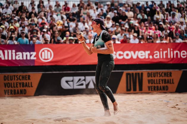 Beachvolleyball Frauen Allianz German Beach Tour 2026 Tourstop München 05.07.2026 Melanie Gernert jubelt München Zentraler Hochschulsport: Beach- Bayern Deutschland *** Women s Beach Volleyball: Allianz German Beach Tour 2026, Munich Stop, July 5, 2026; Melanie Gernert celebrates; Munich Central University Sports; Beach; Bavaria; Germany