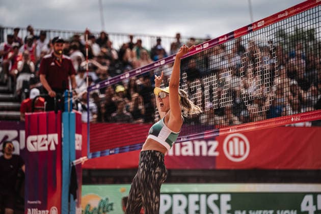 Beachvolleyball Frauen Allianz German Beach Tour 2026 Tourstop München 05.07.2026 Chenoa Christ jubelt München Zentraler Hochschulsport: Beach- Bayern Deutschland *** Women s Beach Volleyball: Allianz German Beach Tour 2026, Munich Stop, July 5, 2026; Chenoa Christ celebrates; Munich Central University Sports; Beach; Bavaria; Germany