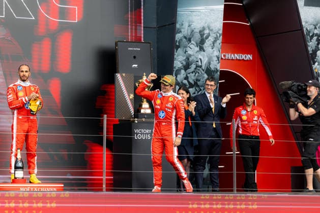 July 5, 2026, Silverstone, Northamptonshire, United Kingdom: CHARLES LECLERC (16, Scuderia Ferrari HP, MCO, Monegasque F1 Driver, SF-26) on the podium after the end of the race (Sunday) at the Formula 1 Pirelli British Grand Prix 2026 at Silverstone Circuit Silverstone United Kingdom - ZUMAr193 20260705_zsp_r193_160 Copyright: xSaraxRuffonix