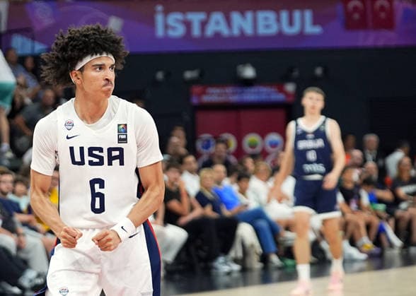 United States v Serbia - FIBA U17, U 17 Basketball World Cup ISTANBUL, TURKIYE - JULY 5: Cayden Daughtry (6) of US celebrates after scoring during the FIBA Under-17 Basketball World Cup final game between US and Serbia at the Basketball Development Center in Istanbul, Turkiye, on July 5, 2026. Esra Bilgin Anadolu Istanbul Turkey. Editorial use only. Please get in touch for any other usage.  Copyright: x2026xAnadoluxEsraxBilginx