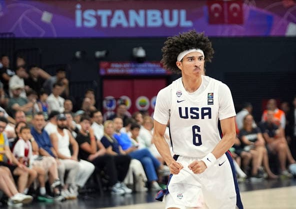 United States v Serbia - FIBA U17, U 17 Basketball World Cup ISTANBUL, TURKIYE - JULY 5: Cayden Daughtry (6) of US celebrates after scoring during the FIBA Under-17 Basketball World Cup final game between US and Serbia at the Basketball Development Center in Istanbul, Turkiye, on July 5, 2026. Esra Bilgin Anadolu Istanbul Turkey. Editorial use only. Please get in touch for any other usage.  Copyright: x2026xAnadoluxEsraxBilginx