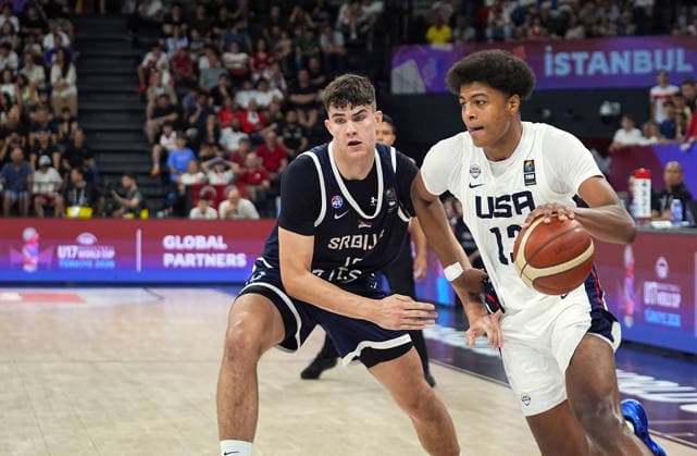 United States v Serbia - FIBA U17, U 17 Basketball World Cup ISTANBUL, TURKIYE - JULY 5: Joaquim Boumtje-Boumtje (13) of US in action against Luka Miladinovic (L) of Serbia during the FIBA Under-17 Basketball World Cup final game between US and Serbia at the Basketball Development Center in Istanbul, Turkiye, on July 5, 2026. Esra Bilgin Anadolu Istanbul Turkey. Editorial use only. Please get in touch for any other usage.  Copyright: x2026xAnadoluxEsraxBilginx