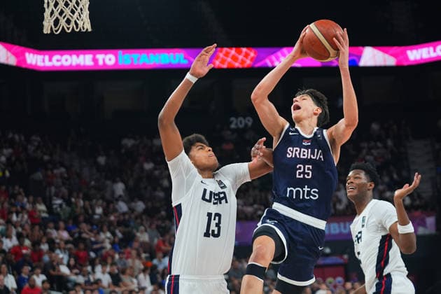 United States v Serbia - FIBA U17, U 17 Basketball World Cup ISTANBUL, TURKIYE - JULY 5: Joaquim Boumtje-Boumtje (13) of US in action against Nikola Kusturica (25) of Serbia during the FIBA Under-17 Basketball World Cup final game between US and Serbia at the Basketball Development Center in Istanbul, Turkiye, on July 5, 2026. Esra Bilgin Anadolu Istanbul Turkey. Editorial use only. Please get in touch for any other usage.  Copyright: x2026xAnadoluxEsraxBilginx