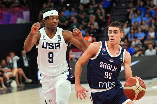 United States v Serbia - FIBA U17, U 17 Basketball World Cup ISTANBUL, TURKIYE - JULY 5: Anthony Williams (9) of US in action against Luka Pavlovic (R) of Serbia during the FIBA Under-17 Basketball World Cup final game between US and Serbia at the Basketball Development Center in Istanbul, Turkiye, on July 5, 2026. Esra Bilgin Anadolu Istanbul Turkey. Editorial use only. Please get in touch for any other usage.  Copyright: x2026xAnadoluxEsraxBilginx