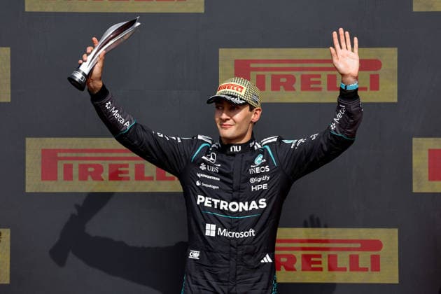 F1 - BRITISH GRAND PRIX 2026 RUSSELL George (gbr), Mercedes AMG F1 Team W17, portrait Podium celebration during the Formula 1 British Grand Prix 2026, 9th round of the 2026 Formula One World Championship, WM, Weltmeisterschaft from July 3 to 5, 2026 on the Silverstone Circuit, in Silverstone, United Kingdom - SilverstoneUnited Kingdom  Copyright: xPauloxMariax