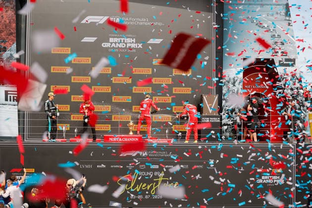 F1 - BRITISH GRAND PRIX 2026 RUSSELL George (gbr), Mercedes AMG F1 Team W17, portrait, LECLERC Charles (mco), Scuderia Ferrari SF-26, portrait, HAMILTON Lewis (gbr), Scuderia Ferrari SF-26, portrait, team representative, Scuderia Ferrari, Podium celebration during the Formula 1 British Grand Prix 2026, 9th round of the 2026 Formula One World Championship, WM, Weltmeisterschaft from July 3 to 5, 2026 on the Silverstone Circuit, in Silverstone, United Kingdom - SilverstoneUnited Kingdom  Copyright: xPauloxMariax