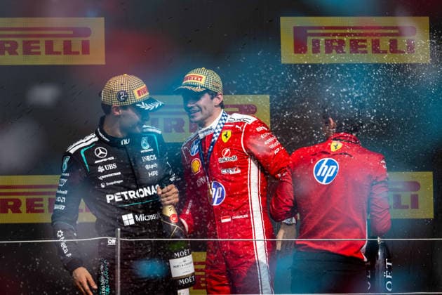 F1 - BRITISH GRAND PRIX 2026 RUSSELL George (gbr), Mercedes AMG F1 Team W17, portrait LECLERC Charles (mco), Scuderia Ferrari SF-26, portrait podium during the Formula 1 British Grand Prix 2026, 9th round of the 2026 Formula One World Championship, WM, Weltmeisterschaft from July 3 to 5, 2026 on the Silverstone Circuit, in Silverstone, United Kingdom - SilverstoneUnited Kingdom  Copyright: xALBERTOxVIMERCATIx