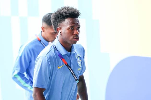 RECORD DATE NOT STATED FIFA World Cup, WM, Weltmeisterschaft, Fussball 2026 - Round of 16 - Brazil v Norway Vinicius Jr. player of Brazil arrives for the match against Norway to the Round of 16 at the FIFA World Cup, at New York New Jersey Stadium, in East Rutherford, United States, on Sunday, July 05, 2026.(Foto: William Volcov Brazil Photo Press IMAGO) Sports East Rutherford NJ United States Copyright: xWILLIAMxVOLCOVx