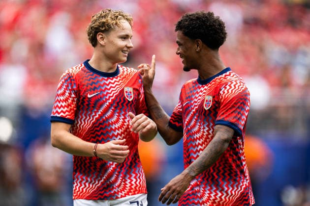 260705 Andreas Schjelderup and Oscar Bobb of Norway ahead of the FIFA World Cup, WM, Weltmeisterschaft, Fussball 2026 round of 16 football match between Brazil and Norway on July 5, 2026 in New Jersey. Photo: Jon Olav Nesvold BILDBYRAN COP 217 VG0982 bbeng fotboll football soccer fotball vm fotbolls-vm fotball-vm fotbolls-vm 2026 fifa world cup 2026 new york 8-delsfinale round of 16 brasilien brazil brasil norge norway *** July 5, 2026: Andreas Schjelderup and Oscar Bobb of Norway ahead of the 2026 FIFA World Cup Round of 16 soccer match between Brazil and Norway on July 5, 2026 in New Jersey. Photo by Jon Olav Nesvold. BILDBYRAN COP 217 VG0982 bbeng soccer football fotball World Cup 2026 FIFA World Cup 2026 New York 8 round of 16 Brazil Norway  Copyright: JONxOLAVxNESVOLD BB260705JE017